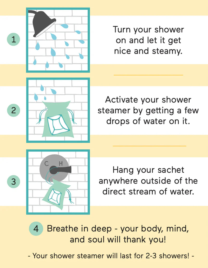 Turn your shower on and  let it get nice and steamy. Activate your shower steamer by getting a few drops of water on it. Hang your pouch anywhere outside of the direct stream of water. Breathe in deep - your body, mind,  and soul will thank you! 