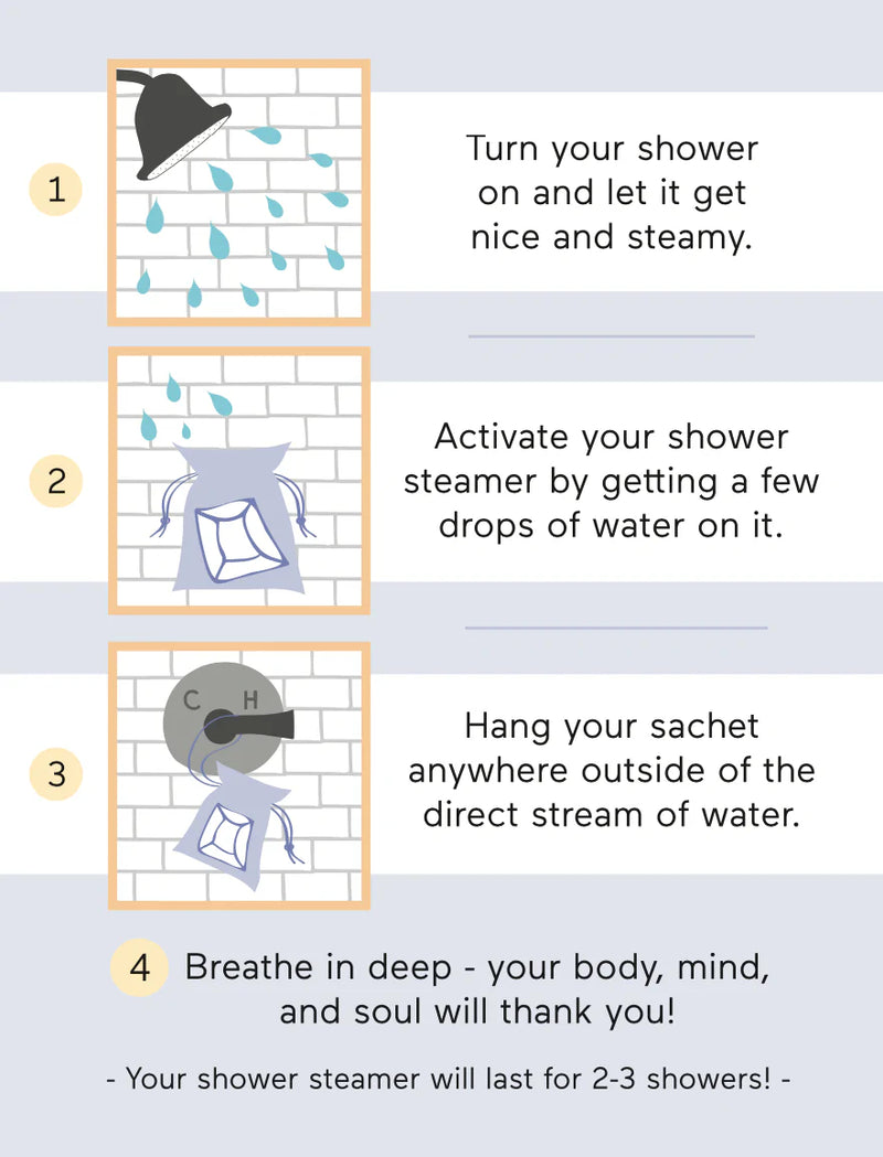 Turn your shower on and let it get nice and steamy. Activate your shower steamer by getting a few drops of water on it. Hang your pouch anywhere outside of the direct stream of water. Breathe in deep - your body, mind, and soul will thank you!